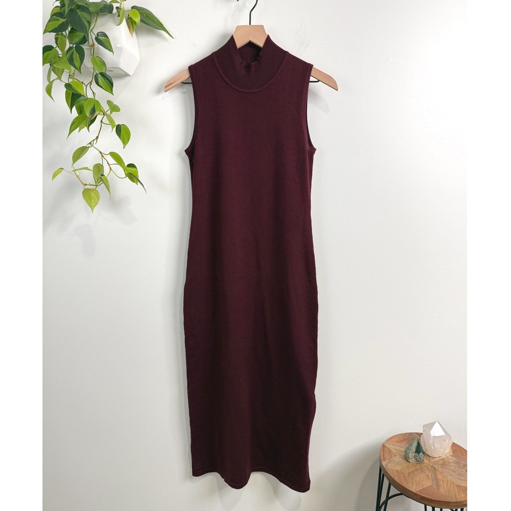 Gilli Womens Burgundy Mock Neck Sleeveless Knit Midi Sweater Dress S Side Slit